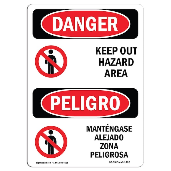 Safety Sign, OSHA Danger, 5" Height, Keep Out Hazard Area Bilingual Spanish, 10PK